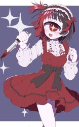 Rule 34 | + +, 1girl, :d, azen (mntimcczgrtn), black hair, blood, bloody knife, blush, bow, cyclops, dress, frills, hair ribbon, hairband, highres, holding, holding knife, knife, lolita fashion, lolita hairband, long sleeves, looking at viewer, monster girl, multicolored hair, one-eyed, open mouth, original, pinafore dress, red eyes, red hair, ribbon, short hair, side ponytail, sleeveless dress, smile, solo, split-color hair, two-tone hair, walking