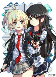 Rule 34 | 2girls, absurdres, black hair, blonde hair, blush, commentary, gun, hand on another&#039;s shoulder, highres, holding, holding gun, holding knife, holding weapon, honjo yuri, knife, looking at another, looking at viewer, multiple girls, naechi (rayichan), necktie, nise mayuko, open mouth, plaid, plaid skirt, red neckwear, school uniform, shadow, skirt, tenkuu shinpan, weapon
