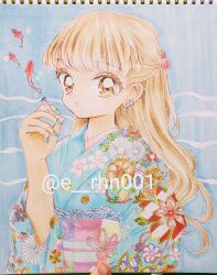 Rule 34 | 1girl, absurdres, aqua nails, artist name, blonde hair, e rhn001, ear piercing, earrings, expressionless, fish, floral print, floral print kimono, flower, green flower, highres, holding, japanese clothes, jewelry, kimono, leaf, looking at viewer, marker (medium), obi, original, piercing, pink flower, print kimono, purple flower, red flower, sash, solo, surreal, traditional media, upper body, white flower, yellow eyes