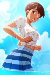 Rule 34 | 1girl, blue skirt, brown eyes, brown hair, dark-skinned female, dark skin, day, lens flare, light rays, looking at viewer, midriff, miniskirt, non-web source, official art, one eye closed, open mouth, outdoors, photoshop (medium), pleated skirt, shirt, short hair, short sleeves, skirt, solo, striped clothes, striped skirt, super real mahjong, tanaka ryou, tied shirt, toono mizuki, wading, water, wet, wet clothes, wet hair, wet shirt, white shirt