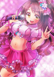 Rule 34 | 10s, 1girl, 81 (mellowry), blush, bow, breasts, brown eyes, brown hair, double v, idolmaster, idolmaster cinderella girls, large breasts, long hair, microphone, midriff, navel, open mouth, shimamura uzuki, side ponytail, skirt, smile, solo, v