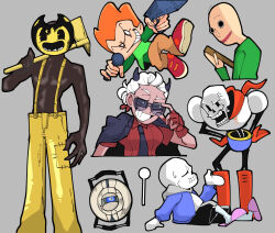 Rule 34 | 1girl, 5boys, adjusting eyewear, anger vein, armor, axe, bald, baldi, baldi&#039;s basics, bendy, bendy and the ink machine, black jacket, black necktie, black skin, blue hoodie, boots, breastplate, brown pants, closed mouth, colored skin, commentary request, feet out of frame, fingerless gloves, friday night funkin&#039;, full body, gloves, green shirt, grey background, grin, gun, helltaker, holding, holding axe, holding gun, holding microphone, holding ruler, holding weapon, hood, hoodie, jacket, jacket on shoulders, justice (helltaker), long sleeves, looking at viewer, mask, microphone, multiple boys, necktie, newgrounds, open mouth, orange hair, pants, papyrus (undertale), pauldrons, pico (newgrounds), pink footwear, portal, portal (series), portal 2, red footwear, red gloves, red shirt, robot, ruler, sans (undertale), satou (ultrmngrtsrt), shirt, shoes, short hair, shoulder armor, simple background, skeleton, slippers, smile, sneakers, standing, sunglasses, suspenders, undead, undertale, upper body, weapon, wheatley, white hair, yellow pants