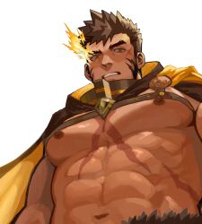 Rule 34 | 1boy, bara, brown hair, cape, character request, copyright request, fire, gh himainu, highres, looking at viewer, male focus, navel, nipples, orange eyes, parted lips, pectorals, scar, scar on chest, short hair, sideburns, solo, teeth, upper body, white background, yellow cape