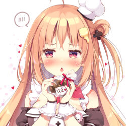 Rule 34 | 1girl, ahoge, bag, bare shoulders, black dress, black sleeves, blush, breasts, brown hair, candy, chef hat, chestnut mouth, chocolate, chocolate heart, cleavage, commentary request, detached sleeves, dress, food, hair bun, hair ornament, hands up, hat, heart, holding, holding bag, indie virtual youtuber, large breasts, long hair, looking away, looking to the side, mini hat, nail polish, one side up, pan (mimi), pan (mimi) (vtuber), parted lips, pink nails, plastic bag, puffy short sleeves, puffy sleeves, red eyes, short sleeves, single side bun, solo, spoken blush, tilted headwear, translation request, upper body, virtual youtuber, white hat, wrist cuffs