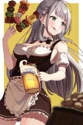 Rule 34 | + +, :q, absurdres, alcohol, apron, beer, beer mug, black bow, black bowtie, blunt bangs, blush, border, bow, bowtie, breasts, cleavage, closed mouth, corn, cowboy shot, cup, detached collar, detached sleeves, dress, food, food on face, frilled apron, frilled dress, frills, hair ornament, highres, holding, holding cup, holding food, hololive, large breasts, long hair, looking to the side, meat, mug, outside border, puffy short sleeves, puffy sleeves, ringopan, shirogane noel, shirogane noel (dirndl), short sleeves, silver hair, simple background, skewer, smile, solo, sparkling eyes, tongue, tongue out, v-shaped eyebrows, very long hair, virtual youtuber, waist apron, white apron, white border, yellow background