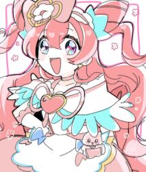 Rule 34 | 1girl, apron, bow, choker, commentary, cone hair bun, cure precious, delicious party precure, earrings, hair bow, hair bun, hand on own hip, jewelry, kome-kome (precure), long hair, magical girl, nagomi yui, pink choker, pink eyes, pink hair, precure, solo, tmur2022, two side up, very long hair