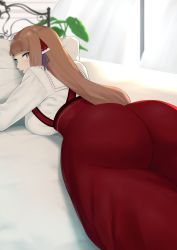 Rule 34 | 1girl, ass, bed, blue eyes, blunt bangs, breasts, brown hair, dress, highres, huge ass, large breasts, long hair, looking at viewer, looking back, lying, momoko (shoutao), hugging object, on stomach, original, pillow, pillow hug, red dress, shoutao, sideboob, solo, thick thighs, thighs, wide hips