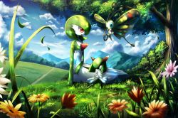 Rule 34 | arm support, beautifly, cloud, commentary request, creatures (company), day, flower, game freak, gardevoir, gen 3 pokemon, grass, kirlia, mountain, nintendo, open mouth, outdoors, pokemon, pokemon (creature), rowdon, sitting, sky, smile, tongue, tree