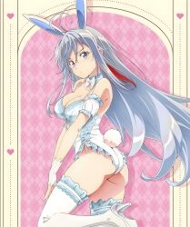 Rule 34 | 1girl, 86 -eightysix-, animal ears, ass, blue eyes, blush, breasts, cleavage, elbow gloves, fake animal ears, fake tail, fingerless gloves, gloves, high heels, highres, large breasts, leotard, long hair, looking at viewer, multicolored hair, official art, rabbit ears, rabbit tail, red hair, sidelocks, streaked hair, tail, thick thighs, thighhighs, thighs, vladilena millize, white gloves, white hair, white leotard, white thighhighs, wide hips