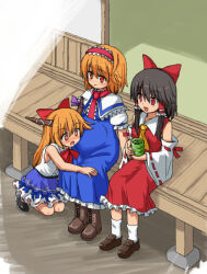 Rule 34 | 3girls, alice margatroid, ascot, black footwear, black hair, blue dress, boots, bow, brown footwear, brown horns, capelet, closed mouth, collared shirt, commentary request, cookie (touhou), cross-laced footwear, cup, detached sleeves, dress, frilled hair tubes, frilled hairband, frilled necktie, frilled skirt, frills, full body, green tea, hair between eyes, hair bow, hair tubes, hairband, hakurei reimu, hinase (cookie), holding, holding cup, horn bow, horn ornament, horns, ibuki suika, kasuga (kasuga39), loafers, long hair, looking at another, medium bangs, multiple girls, necktie, open mouth, orange eyes, orange hair, porch, pregnant, purple bow, red bow, red eyes, red hairband, red necktie, red shirt, red skirt, reu (cookie), ribbon-trimmed skirt, ribbon-trimmed sleeves, ribbon trim, shirt, shoes, short hair, sidelocks, sitting, skirt, skirt set, sleeveless, sleeveless shirt, smile, tea, tea stalk, touhou, white capelet, white shirt, white sleeves, wide sleeves, yamin (cookie), yellow ascot, yunomi