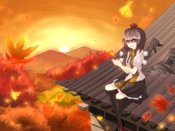 Rule 34 | 1girl, architecture, bad id, bad pixiv id, black hair, black wings, east asian architecture, female focus, hat, kame, leaf, looking at viewer, shameimaru aya, short hair, skirt, solo, sunset, temple, touhou, wings