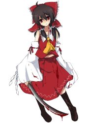 Rule 34 | 1girl, akina, ascot, bad id, bad pixiv id, blood, boots, bow, brown hair, detached sleeves, female focus, hair bow, hair tubes, hakurei reimu, head tilt, japanese clothes, katana, long hair, looking at viewer, miko, red eyes, ribbon, simple background, skirt, skirt set, solo, standing, sword, touhou, weapon, white background, wide sleeves