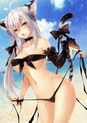 Rule 34 | 1girl, :d, absurdres, ahoge, animal ears, arm garter, bare legs, bare shoulders, beach, bikini, bikini pull, black bikini, black bow, black garter, black neckwear, blue sky, blush, bow, bow bikini, bow choker, breasts, choker, clothes pull, cloud, cloudy sky, collarbone, cowboy shot, cropped, day, detached sleeves, eyes visible through hair, fang, fingernails, frills, grey hair, groin, hair between eyes, hair bow, half-closed eyes, highres, holding strap, kobayashi yoshitaka, large breasts, long fingernails, long hair, looking at viewer, low tied hair, low twintails, navel, non-web source, ocean, open mouth, orange eyes, original, outdoors, pulling own clothes, scan, side-tie bikini bottom, sidelocks, single detached sleeve, single wrist cuff, sky, smile, solo, standing, stomach, strap pull, strapless, strapless bikini, string bikini, swimsuit, tail, tail bow, tail ornament, thigh gap, tiger ears, tiger girl, tiger tail, toranoana, tube top, twintails, untied bikini, very long hair, water, wrist bow, wrist cuffs