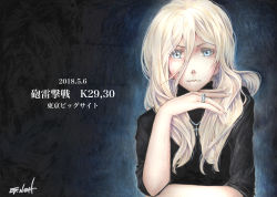 Rule 34 | 1girl, alternate costume, black sweater, blonde hair, blue eyes, closed mouth, cross, dark background, hair between eyes, jewelry, kantai collection, long hair, looking at viewer, millipen (medium), mole, mole under eye, necklace, richelieu (kancolle), ring, sleeves rolled up, solo, sweater, tesun (g noh), title, traditional media, watercolor pencil (medium)