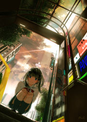 Rule 34 | 1girl, bad id, bad pixiv id, bent over, black hair, black socks, blouse, building, cloud, cloudy sky, convenient skirt, from below, hands on own knees, highres, kneehighs, leaning forward, legs together, long hair, looking at viewer, maeda mic, neckerchief, neon lights, original, overhang, pleated skirt, red ribbon, ribbon, road sign, sailor collar, school uniform, serafuku, shirt, shoes, sign, sitting, skirt, sky, socks, solo, squatting, sunlight, tree