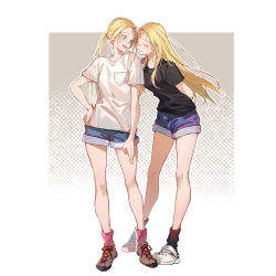 Rule 34 | 2girls, absurdres, arms behind back, black shirt, blonde hair, blue eyes, breast pocket, brown footwear, chinese commentary, closed mouth, commentary request, crocs, denim, denim shorts, dual persona, closed eyes, full body, hair up, hand on own hip, highres, kofune ushio, long hair, looking at another, multiple girls, open mouth, pink socks, pocket, ponytail, red socks, shirt, shoes, short sleeves, shorts, simple background, socks, standing, summertime render, white background, white footwear, white shirt, yuxia xianyin
