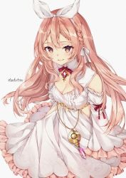 Rule 34 | absurdres, atelier live, bare shoulders, braid, breasts, closed mouth, dress, highres, indie virtual youtuber, large breasts, open mouth, petals, pink hair, pinku (vtuber), red eyes, ribbon, shizukodesu, solo, virtual youtuber, white background, white dress, white ribbon