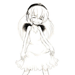 Rule 34 | 00s, child, clothes lift, dress, dress lift, enokids, closed eyes, flat chest, greyscale, grin, hairband, long hair, lowres, monochrome, rozen maiden, smile, solo, suigintou, wings