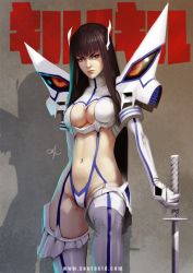 Rule 34 | 10s, 1girl, black hair, blue eyes, boots, breasts, cleavage, cleavage cutout, clothing cutout, cowboy shot, gradient background, junketsu, karl liversidge, kill la kill, kiryuuin satsuki, long hair, navel, planted, planted sword, planted weapon, realistic, revealing clothes, solo, souracid, sword, thigh boots, thighhighs, weapon, white footwear, white thighhighs