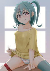 Rule 34 | 1boy, 1girl, absurdres, blue panties, blue thighhighs, closed mouth, clothes lift, commentary request, fang, green hair, hetero, highres, lifting own clothes, medium hair, multicolored hair, no pants, off shoulder, original, panties, purple eyes, purple hair, shirt, shirt lift, short sleeves, single thighhigh, sirokohi, smile, straddling, streaked hair, striped clothes, striped panties, t-shirt, thighhighs, two side up, underwear, yellow shirt
