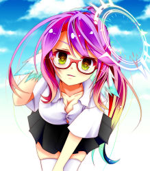 Rule 34 | 1girl, arm behind head, black skirt, blue sky, blush, breasts, cleavage, spiked halo, cross, day, glasses, gradient eyes, gradient hair, hair ornament, hair scrunchie, halo, highres, jibril (no game no life), large breasts, leaning forward, long hair, looking at viewer, magic circle, mimi0846, multicolored eyes, multicolored hair, no game no life, orange eyes, parted lips, pink hair, scrunchie, shirt, skirt, sky, solo, symbol-shaped pupils, thighhighs, very long hair, white shirt, white thighhighs, wing ears, yellow eyes, zettai ryouiki