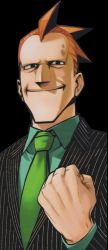 Rule 34 | 1boy, black background, black suit, boku no hero academia, brown hair, clenched hand, closed mouth, collared shirt, forehead, formal, green neckwear, green shirt, highres, horikoshi kouhei, long image, looking at viewer, mole, necktie, official art, pale skin, re-destro, shirt, simple background, smile, striped, suit, tall image