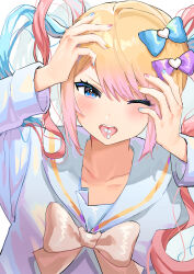 Rule 34 | 1girl, absurdres, blonde hair, blue bow, blue eyes, blue hair, blue nails, blue shirt, blush, bow, chouzetsusaikawa tenshi-chan, commentary request, elma07, hair bow, hair ornament, hands on own head, hands up, heart, heart hair ornament, highres, long hair, long sleeves, looking at viewer, multicolored hair, multicolored nails, needy girl overdose, one eye closed, open mouth, pain, pill, pink hair, pink nails, purple bow, quad tails, sailor collar, shirt, solo, tongue, tongue out, twintails, upper body, white background, yellow bow, yellow nails