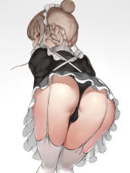 Rule 34 | 1girl, apron, ass, azur lane, black panties, blonde hair, braid, cameltoe, dress, frills, from behind, garter straps, gradient background, hair over one eye, highres, long sleeves, looking at viewer, maid, maid headdress, noel (nnoelllll), panties, partially visible vulva, sheffield (azur lane), short hair, simple background, skindentation, solo, thighhighs, underwear, white apron, white thighhighs, yellow eyes