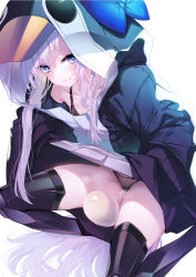 Rule 34 | 1girl, animal hood, armor, bare shoulders, bikini, black bikini, black jacket, blue bow, blue eyes, blush, bow, breasts, closed mouth, clothes lift, collarbone, egg, fate/grand order, fate (series), greaves, highres, hood, hood up, jacket, jacket lift, licking lips, long hair, long sleeves, looking at viewer, meltryllis, meltryllis (fate), meltryllis (swimsuit lancer) (fate), meltryllis (swimsuit lancer) (first ascension) (fate), penguin hood, prosthesis, prosthetic leg, purple hair, simple background, sleeves past fingers, sleeves past wrists, small breasts, solo, swimsuit, thighs, tongue, tongue out, very long hair, white background, yaguo