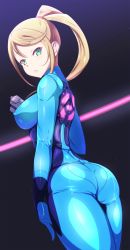 Rule 34 | 1girl, ass, blonde hair, blue bodysuit, bodysuit, breasts, commentary request, covered erect nipples, danpu, dutch angle, from behind, green eyes, gun, handgun, high ponytail, highres, holding, holding gun, holding weapon, legs together, looking at viewer, looking back, medium breasts, metroid, mole, mole under mouth, nintendo, parted lips, ponytail, samus aran, shiny clothes, shiny skin, skin tight, solo, standing, weapon, zero suit