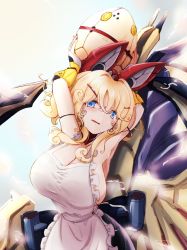 Rule 34 | apron, armband, armpits, arms up, artery gear, artery gear: fusion, backless outfit, blonde hair, blue eyes, blush, breasts, bridal gauntlets, cleavage, collarbone, crossed bangs, egg, hair ornament, hairclip, highres, holding, holding egg, large breasts, mecha musume, mechanical ears, mechanical tail, mechanical wings, nearly naked apron, open mouth, phoebe (artery gear), short hair, sideboob, skindentation, tail, user trvm8258, white apron, wings
