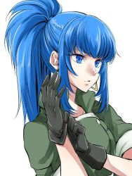 Rule 34 | 1girl, adjusting clothes, adjusting gloves, black gloves, blue eyes, blue hair, earrings, gloves, green jacket, high ponytail, jacket, jewelry, leona heidern, long hair, military, military uniform, ponytail, shino-o, simple background, solo, the king of fighters, triangle earrings, uniform, white background