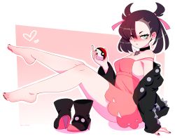 Rule 34 | 1girl, asymmetrical bangs, bare legs, barefoot, black choker, black hair, black jacket, black nails, blue eyes, blush, boots, choker, creatures (company), dress, earrings, feet, from side, full body, game freak, hair ribbon, high heel boots, high heels, highres, holding, holding poke ball, jacket, jewelry, long sleeves, looking at viewer, looking to the side, marnie (pokemon), medium hair, nail polish, nintendo, nonamoth, open clothes, open jacket, pink dress, pink ribbon, poke ball, pokemon, pokemon swsh, ribbon, sitting, solo, toenail polish, toenails, twintails, two side up, unworn boots