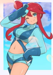 Rule 34 | 1girl, aqua eyes, aqua shorts, blue gloves, blush, breasts, closed mouth, commentary request, creatures (company), crop top, eyelashes, game freak, gloves, gym leader, hair ornament, hand on own hip, hand up, highres, holster, long hair, midriff, navel, nintendo, nuneno, one eye closed, pokemon, pokemon bw, pouch, red hair, salute, short shorts, shorts, sidelocks, skyla (pokemon), smile, solo, thigh pouch, thigh strap