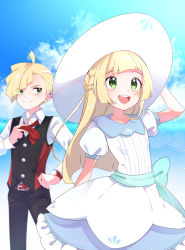 Rule 34 | 1boy, 1girl, :d, ahoge, belt, blonde hair, brother and sister, buttons, closed mouth, cloud, collared shirt, commentary request, creatures (company), day, dress, ear piercing, eyelashes, game freak, ggyoku, gladion (pokemon), green eyes, hand up, hat, highres, lillie (pokemon), long hair, long sleeves, nintendo, open mouth, outdoors, pants, piercing, pokemon, pokemon (anime), pokemon sm146, pokemon sm (anime), shirt, short hair, short sleeves, siblings, sky, smile, sun hat, teeth, tongue, upper teeth only, vest, white dress, white headwear, white shirt