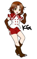 Rule 34 | 00s, 1girl, aged down, alternate costume, brown hair, earrings, eclair (kiddy grade), elbow gloves, gloves, jewelry, kiddy grade, kiryuu aoko, open mouth, shorts, simple background, solo, white background, yellow eyes