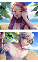 Rule 34 | 1boy, 1girl, :d, absurdres, ashe ubert, beach, blue sky, blush, braid, breasts, brown eyes, cleavage, closed mouth, cloud, cloudy sky, commentary, couple, day, facepaint, fire emblem, fire emblem: three houses, flower, french braid, green eyes, hair flower, hair ornament, hair pulled back, halterneck, halterneck, hand in another&#039;s hair, hetero, hibiscus, highres, long hair, looking at viewer, medium breasts, nintendo, open mouth, outdoors, palm tree, petra macneary, purple hair, reaching, sarami (sa rami30), shirt, short hair, silver hair, sky, sleeveless, smile, tree, upper body, white shirt