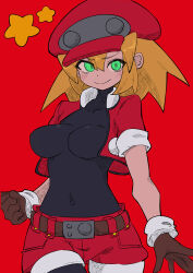 Rule 34 | 1girl, absurdres, belt, black bodysuit, blonde hair, bodysuit, bodysuit under clothes, breasts, brown gloves, buzzlyears, cabbie hat, commentary, covered erect nipples, covered navel, cropped jacket, gloves, green eyes, hat, highres, holding, holding wrench, jacket, long hair, looking at viewer, medium breasts, mega man (series), mega man legends (series), red hat, red jacket, red shorts, roll caskett (mega man), short sleeves, shorts, smile, solo, star (symbol), wrench