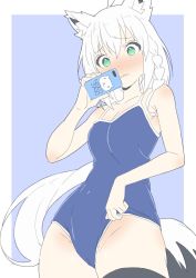 Rule 34 | ahoge, animal ear fluff, animal ears, armpits, black thighhighs, blue background, blue one-piece swimsuit, braid, breasts, cellphone, cleavage, competition school swimsuit, donguri suzume, embarrassed, flat color, fox ears, fox tail, from below, from side, frown, hair between eyes, highres, hololive, long hair, one-piece swimsuit, outside border, phone, school swimsuit, selfie, shirakami fubuki, side braid, simple background, smartphone, solo, swimsuit, tail, thighhighs, very long hair, virtual youtuber, wide-eyed