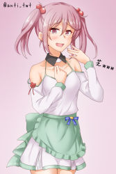 Rule 34 | 1girl, anti (untea9), apron, aqua apron, blouse, commentary request, cowboy shot, detached collar, frilled apron, frills, hair bobbles, hair ornament, highres, kantai collection, laughing, looking at viewer, official alternate costume, one-hour drawing challenge, open mouth, pink eyes, pink hair, sazanami (kancolle), shirt, short hair, skirt, smile, solo, translation request, twintails, white shirt, white skirt