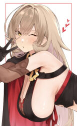 Rule 34 | 1girl, ahoge, bare shoulders, black cape, black gloves, blush, bra, bra peek, bra strap, breasts, cape, clothing cutout, elbow gloves, gloves, hair between eyes, hanging breasts, heart, large breasts, long hair, looking at viewer, multicolored cape, multicolored clothes, navel cutout, nijisanji, nui sociere, nui sociere (1st costume), one eye closed, partially fingerless gloves, red bra, sleeveless, solo, underwear, v, virtual youtuber, white background, witch, yamanoko 19517, yellow eyes