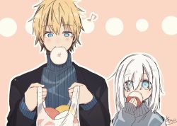 Rule 34 | 1boy, 1girl, ars almal, bag, baozi, black jacket, blonde hair, blue eyes, blue sweater, brown background, closed mouth, commentary request, eating, eighth note, ex albio, food, food in mouth, grey sweater, hair between eyes, highres, holding, holding bag, holding food, jacket, long hair, long sleeves, mouth hold, musical note, nijisanji, open clothes, open jacket, outline, plastic bag, ribbed sweater, signature, sleeves past wrists, sofra, sweater, transparent, turtleneck, turtleneck sweater, upper body, virtual youtuber, white hair, white outline