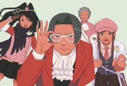 Rule 34 | 1boy, 23011620x, 3girls, ace attorney, ace attorney investigations, ace attorney investigations: miles edgeworth, arm behind back, ascot, bespectacled, black hair, black vest, brown hair, closed mouth, collared shirt, costume, ema skye, formal, furrowed brow, glasses, gloves, grey eyes, grey hair, hair intakes, hair ornament, hat, high ponytail, highres, jacket, karakusa (pattern), kay faraday, key, lab coat, long hair, long sleeves, looking at viewer, miles edgeworth, multiple girls, old, old woman, open mouth, pink badger, pleated skirt, pointing, pointing at viewer, ponytail, red jacket, scarf, shirt, short hair, simple background, skirt, sleeves rolled up, smile, vest, wendy oldbag, white shirt