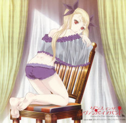 Rule 34 | 1girl, barefoot, blonde hair, dance in the vampire bund, feet, hair ribbon, highres, kneeling, legs, lingerie, long hair, looking back, mina tepes, official art, red eyes, ribbon, see-through, soles, solo, twintails, underwear