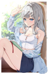 Rule 34 | 1girl, absurdres, arm up, bare shoulders, blue eyes, blue shorts, blush, book, border, breasts, button gap, camisole, cleavage, crop top, day, feet out of frame, grey hair, hair intakes, highres, knees up, long hair, long sleeves, looking at viewer, medium breasts, midriff, off shoulder, open clothes, open shirt, original, parted lips, see-through, shading eyes, short shorts, shorts, sitting, solo, summer, sweat, taiga (ryukyu-6102-8), thighs, white border, white camisole