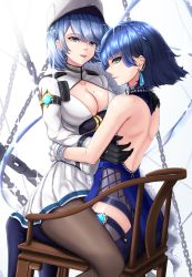 Rule 34 | 2girls, absurdres, ass, azur lane, backless outfit, bare back, black gloves, blue hair, blue pantyhose, bob cut, braid, breast press, breasts, brown pantyhose, chain, chair, chapayev (azur lane), cleavage, cleavage cutout, clothing cutout, crossover, diagonal bangs, earrings, genshin impact, gloves, green eyes, hair ornament, hand on another&#039;s waist, hat, highres, ice, ice hair ornament, jacket, jewelry, large breasts, looking at viewer, medium hair, military hat, miniskirt, mole, mole on breast, multiple girls, musanix, pantyhose, peaked cap, pleated skirt, purple eyes, side braid, simple background, sitting, sitting on lap, sitting on person, skirt, symmetrical docking, white background, white gloves, white headwear, white jacket, white skirt, yelan (genshin impact), yuri