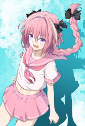 Rule 34 | 1boy, absurdres, astolfo (fate), astolfo (sailor paladin) (fate), azami masurao, black bow, blue background, blush, bow, braid, crop top, fang, fate/apocrypha, fate/grand order, fate (series), hair intakes, highres, long braid, long hair, looking at viewer, male focus, midriff, multicolored hair, navel, neckerchief, official alternate costume, open mouth, pink hair, pink neckerchief, pink sailor collar, pink skirt, purple eyes, sailor collar, school uniform, serafuku, shirt, short sleeves, single braid, skirt, smile, solo, streaked hair, thighs, trap, white hair, white shirt