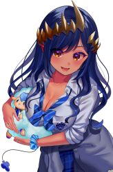 Rule 34 | 1girl, blue bow, blue bowtie, blue hair, blue skirt, blush, bow, bowtie, breast pocket, breasts, brown eyes, cleavage, clothes around waist, collared shirt, commentary, cowboy shot, demon girl, demon horns, futayamam2, grey jacket, holding, holding stuffed toy, horns, jacket, jacket around waist, large breasts, long hair, looking at viewer, loose bowtie, lower teeth only, medium bangs, nanashi inc., open mouth, plaid, plaid skirt, pocket, scrunchie, shimamura charlotte, shirt, simple background, skirt, smile, solo, striped bow, striped bowtie, striped clothes, stuffed animal, stuffed sheep, stuffed toy, teeth, transparent background, virtual youtuber, white shirt, wrist scrunchie