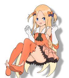 Rule 34 | 1girl, :d, abigail williams (fate), alternate hairstyle, ass, atsumisu, bad id, bad pixiv id, bare shoulders, blonde hair, blue bow, blue eyes, blush, boots, bow, collarbone, collared shirt, commentary request, cosplay, detached sleeves, elbow gloves, fate/grand order, fate/kaleid liner prisma illya, fate (series), forehead, full body, gloves, hair bow, hands up, highres, layered skirt, long hair, long sleeves, looking at viewer, open mouth, orange bow, orange footwear, orange shirt, orange sleeves, orange thighhighs, parted bangs, pink skirt, pleated skirt, polka dot, polka dot bow, prisma illya, prisma illya (cosplay), shadow, shirt, skirt, smile, solo, thigh boots, thighhighs, two side up, very long hair, white background, white gloves