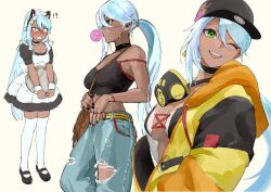 Rule 34 | 1girl, alternate costume, apron, baseball cap, black dress, blue hair, breasts, choker, dark-skinned female, dark skin, denim, dress, earrings, finger tattoo, frilled apron, frills, green eyes, hat, highres, isla (kof), jacket, jeans, jewelry, light blue hair, long hair, looking at viewer, maid, maid apron, maid headdress, mask, mask around neck, multicolored hair, multiple views, oni gini, oversized clothes, pants, ponytail, puffy short sleeves, puffy sleeves, respirator, short sleeves, snk, tank top, tattoo, the king of fighters, the king of fighters xv, thighhighs, thumb ring, torn clothes, torn jeans, torn pants, torn tank top, waist apron, white apron